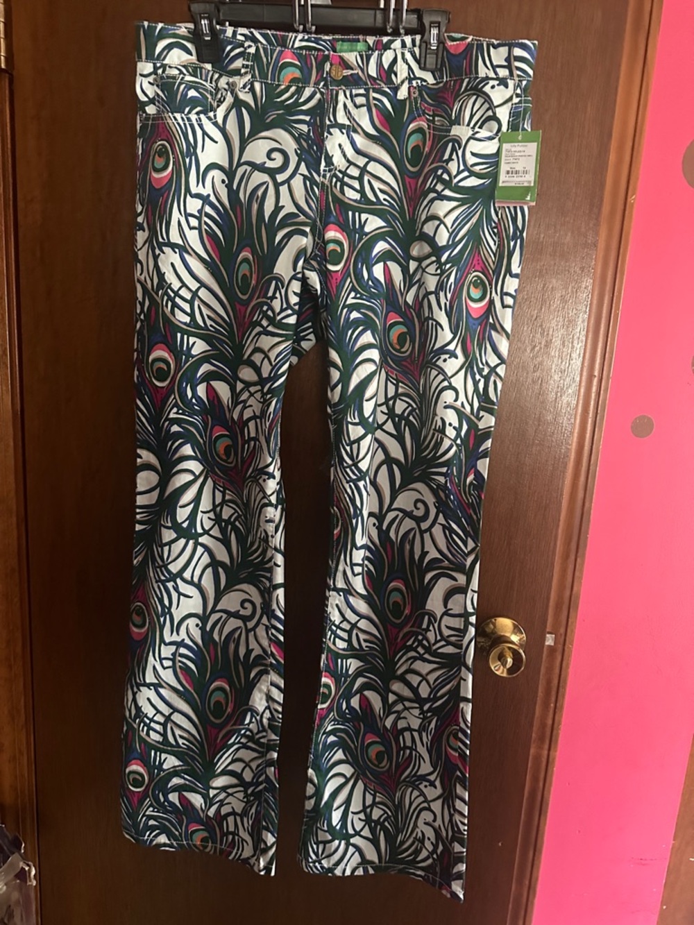 Lilly Pulitzer White Flare Jeans with Peacock Print